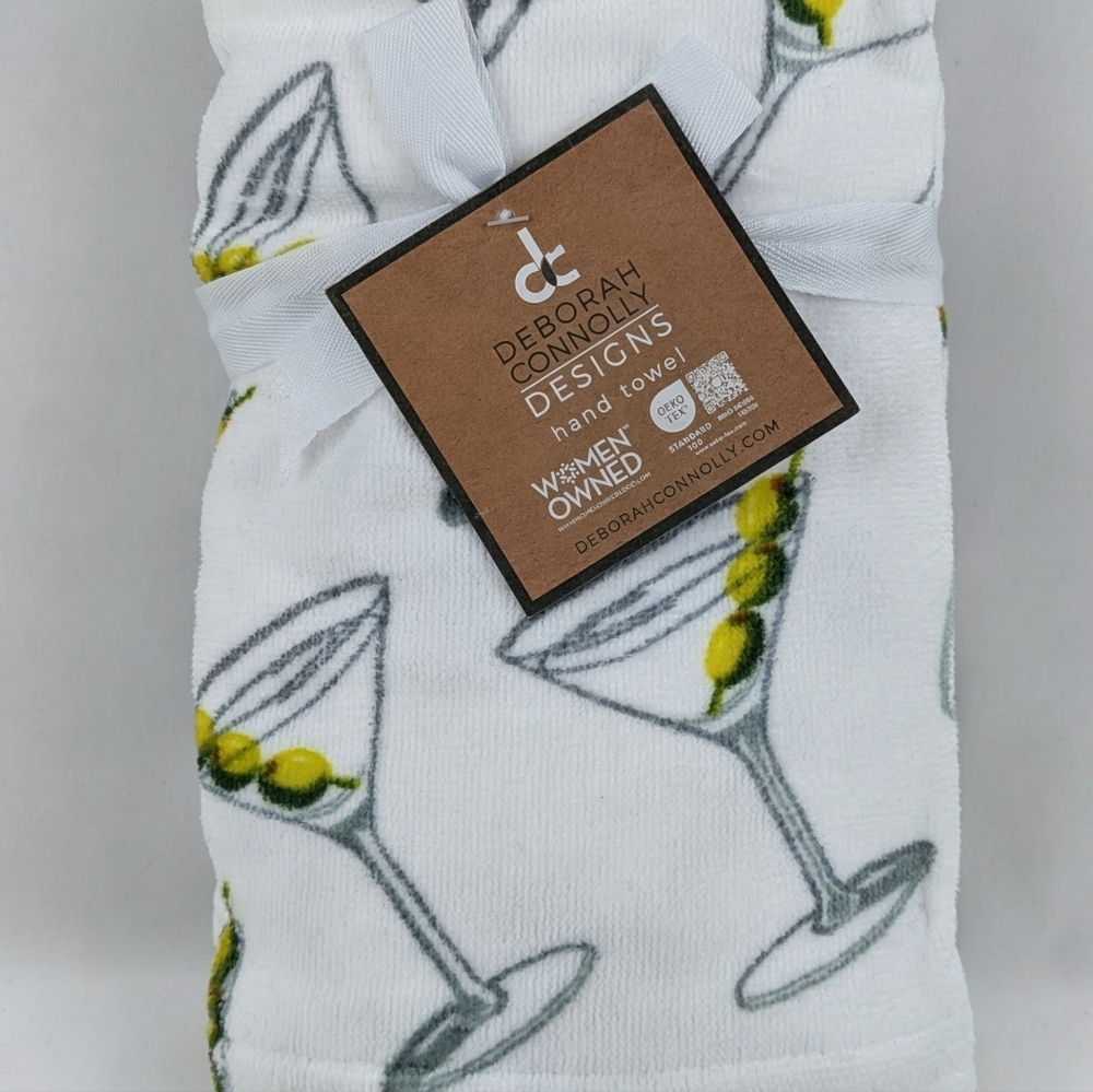 Martini Print Hand Towels Set Of Two Cotton Lyocell 16" x 27.5" White Green NWT